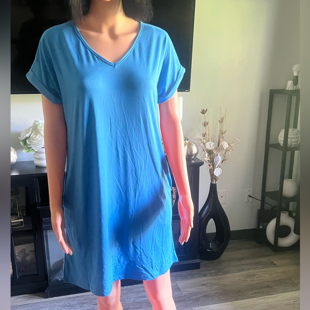 Chic Cap Sleeve V-Neck Blue Mini Dress - Picture 7 of 8